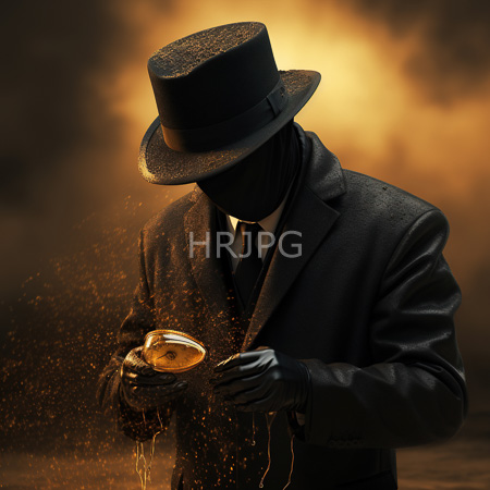 High Resolution: Anonymous figure in a black textured suit and matching top hat with a glittering texture holds a golden goblet emitting sparks against a smoky orange background download. | HRJPG.com