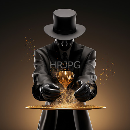 High Resolution: Anonymous figure in a black top hat suit and tie with their face obscured extends gloved hands toward a golden goblet on an ornate tray emitting sparkling gold particles download. | HRJPG.com