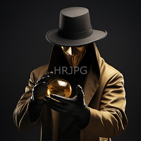 High Resolution: Anonymous figure in a dark reflective gold mask and black fedora hat wears a tan coat holding a golden orb between gloved hands download. | HRJPG.com