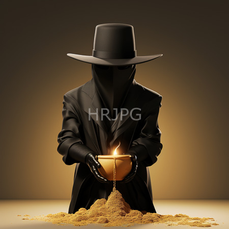 High Resolution: Anonymous figure in black wearing a wide-brimmed hat and suit holds a small golden bowl emitting light while pouring gold dust onto a pile below it download. | HRJPG.com
