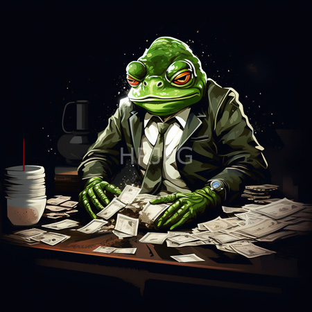 High Resolution: Anthropomorphic green frog wears glasses and a black suit sitting at a dark wooden desk scattered with money bills sorting through cash download. | HRJPG.com