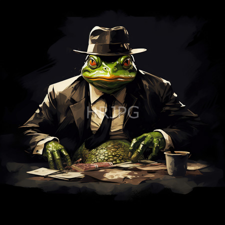 High Resolution: Anthropomorphic green frog wears a black fedora and suit seated at a dark table with scattered papers and an inkwell intently focused on its work in noir style lighting download. | HRJPG.com