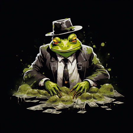 High Resolution: Anthropomorphic green frog wears a black suit white shirt and tie and a gray fedora hat holding its hands over scattered dollar bills on a table download. | HRJPG.com