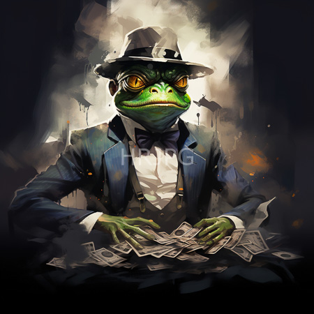 High Resolution: Anthropomorphic green frog with yellow eyes wears a dark blue suit jacket and a purple bow tie and a gray fedora hat seated at a table scattered with dollar bills download. | HRJPG.com