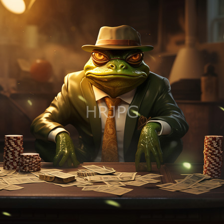 High Resolution: Anthropomorphic green frog in a sharp dark-green suit and a brown fedora hat sitting at a poker table covered with scattered playing cards and chips download. | HRJPG.com