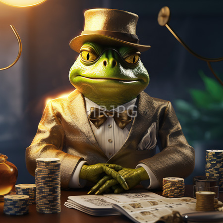High Resolution: Anthropomorphic green frog in a shiny brown tuxedo and top hat seated at a poker table covered by stacks of gold and blue chips download. | HRJPG.com