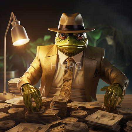 High Resolution: Anthropomorphic green frog in a tan suit white shirt and patterned tie with a fedora hat seated at a desk overflowing with money stacks under dim lamp light download. | HRJPG.com