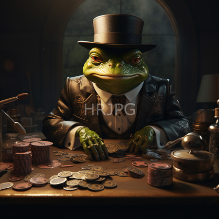 High Resolution: Anthropomorphic green frog in Victorian attire including a black top hat and patterned suit jacket seated at a dim-lit poker table covered by scattered coins download. | HRJPG.com