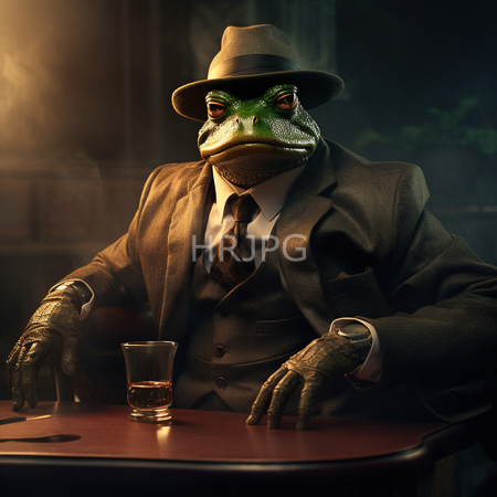 High Resolution: Photorealistic anthropomorphic green frog in a brown suit white shirt and striped tie sits at a dim-lit bar table wearing a fedora hat download. | HRJPG.com