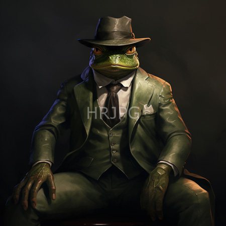 High Resolution: Anthropomorphic frog in a dark moody setting wears a green three-piece suit with a matching tie and a black fedora hat download. | HRJPG.com