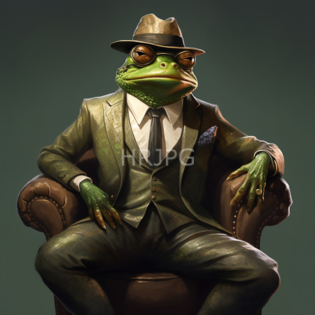 High Resolution: Anthropomorphic green frog in a dark brown leather armchair wears a gray three-piece suit and round glasses under a fedora hat download. | HRJPG.com