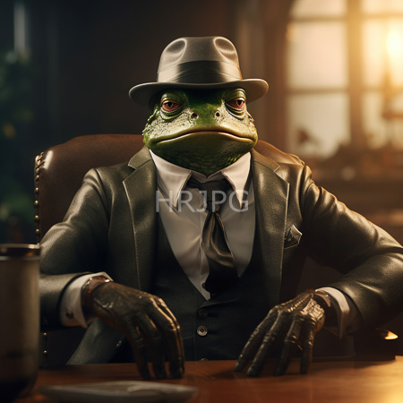 High Resolution: Photorealistic anthropomorphic green frog in a dark gray suit white shirt black tie and fedora hat sits at a wooden desk with gloved hands resting on it download. | HRJPG.com