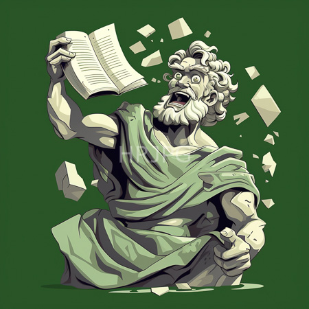 High Resolution: Angry muscular marble statue with curly hair and beard on a green background holds an open book in a raised right hand while pieces break off its left arm download. | HRJPG.com