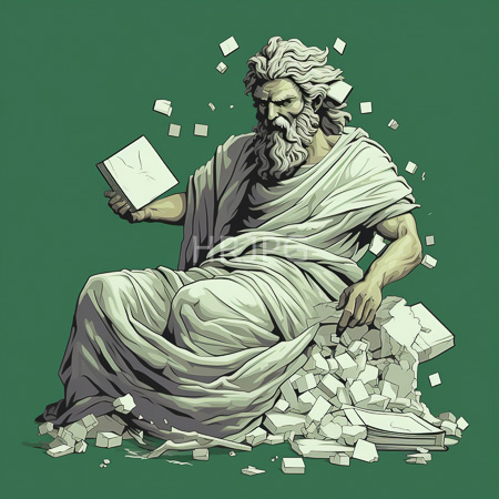 High Resolution: Ancient bearded man with wavy white hair and a muscular build sits amidst broken book fragments holding one intact open-book square aloft against a green background download. | HRJPG.com