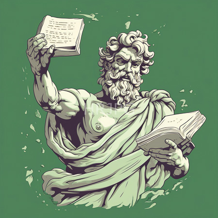 High Resolution: Ancient muscular male figure with curly hair and beard in green tones holding two open books one raised high above his head download. | HRJPG.com