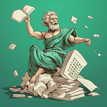 High Resolution: Elderly muscular man with curly white hair and beard sitting on piles of books against a green background wears loose teal drapery and holds an open book download. | HRJPG.com