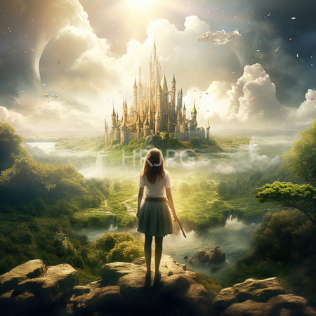 High Resolution: Young woman with long brown hair wears a white blouse and green skirt standing on rocky terrain overlooking an enchanting castle surrounded by forests and waterfalls download. | HRJPG.com