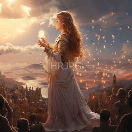 High Resolution: Ethereal woman with long wavy red hair and fair skin stands on a hilltop at sunset holding glowing orbs of light wearing ornate gold armor over white robes download. | HRJPG.com