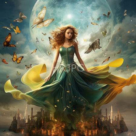 High Resolution: Ethereal woman with flowing wavy blonde hair wears a green and yellow gown that billows in mid-air against swirling butterflies and a large moonlit sky download. | HRJPG.com