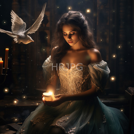 High Resolution: Ethereal woman with long wavy brown hair and fair skin wears a gold-embroidered off-the shoulder gown holding glowing candlelight while sitting against dim-lit stone walls download. | HRJPG.com