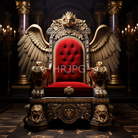 High Resolution: Ornate throne-like chair with red velvet upholstery and gold detailing featuring large winged sculptures on either side set in an opulent dark wood-paneled room download. | HRJPG.com