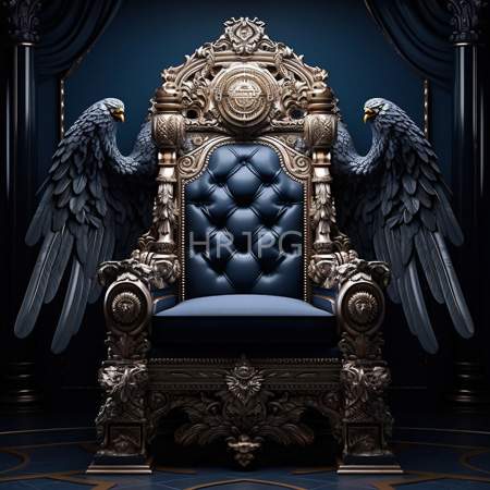 High Resolution: Ornate gold-embellished throne with intricate carvings and blue velvet upholstery featuring two black-feathered eagles standing behind its outstretched wings download. | HRJPG.com