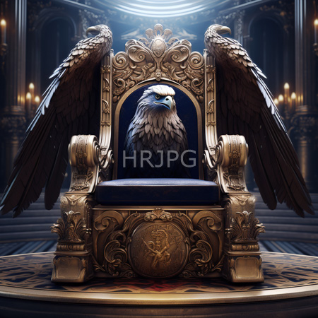 High Resolution: Ornate golden throne with intricate carvings and blue velvet cushions centered with a realistic eagle's head perched like its own chair backrest and wings spread wide download. | HRJPG.com