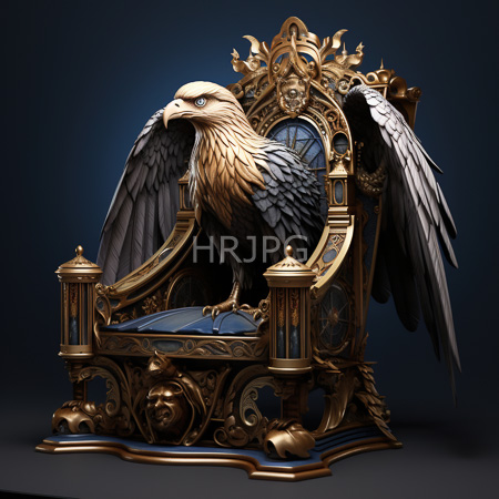 High Resolution: Ornate golden throne with intricate carvings and blue velvet cushions occupied by a majestic eagle-like bird with black wings and brown feathers download. | HRJPG.com