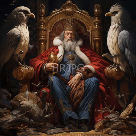 High Resolution: Photorealistic elderly bearded king with white hair and crown seated on an ornate golden throne adorned in a red velvet robe flanked by two large eagles download. | HRJPG.com