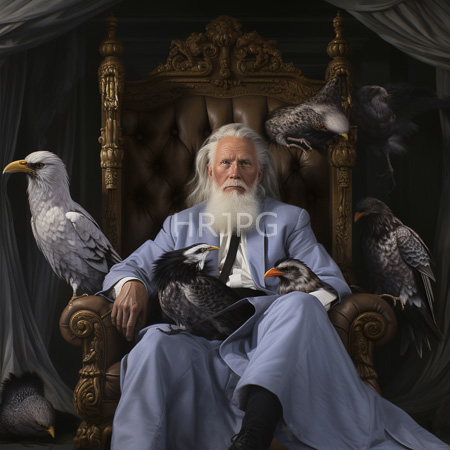 High Resolution: Photorealistic elderly white-bearded man with long flowing silver hair sitting on an ornate golden throne adorned in light blue robes surrounded by six birds download. | HRJPG.com
