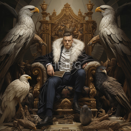 High Resolution: Intense muscular man with short brown hair and beard sitting on an ornate golden throne adorned in a dark blue velvet robe flanked by two large eagles download. | HRJPG.com