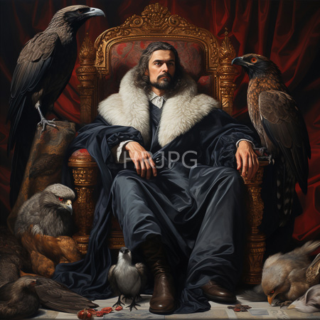 High Resolution: Photorealistic bearded man with long brown hair wearing an elaborate dark blue robe seated on an ornate golden throne against red velvet curtains flanked by two large eagles download. | HRJPG.com