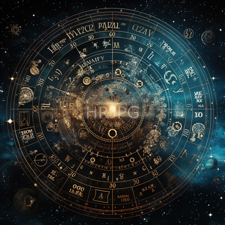 High Resolution: Intricate golden zodiac wheel set against a starry cosmic background with nebulous blue clouds and small planets featuring astrological symbols download. | HRJPG.com