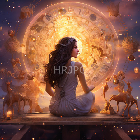High Resolution: Ethereal woman with long wavy brown hair sits cross-legged on a wooden platform facing a glowing celestial clock adorned in golden hues against a starry night sky download. | HRJPG.com