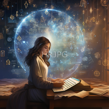 High Resolution: Ethereal long-haired woman with fair skin and wavy brown hair typing on a glowing laptop in front of her cluttered desk filled with papers download. | HRJPG.com