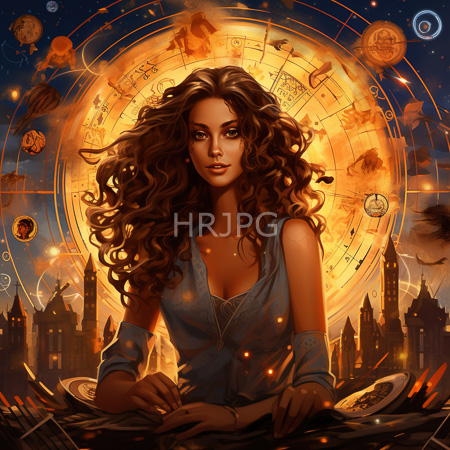 High Resolution: Ethereal dark-haired woman with voluminous curls wears a blue off-shouldered top against a glowing celestial background filled with planets and zodiac symbols download. | HRJPG.com