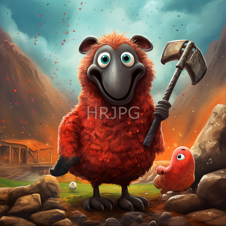 High Resolution: Anthropomorphic fluffy red bird-like creature with large green eyes holds a rusty pickaxe beside a smaller version on rocky terrain amidst mountainside ruins download. | HRJPG.com