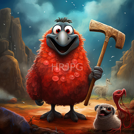High Resolution: Anthropomorphic fluffy red bird with large eyes and a black beak holds a wooden axe standing on rocky terrain under a stormy sky with a small gray sheep download. | HRJPG.com