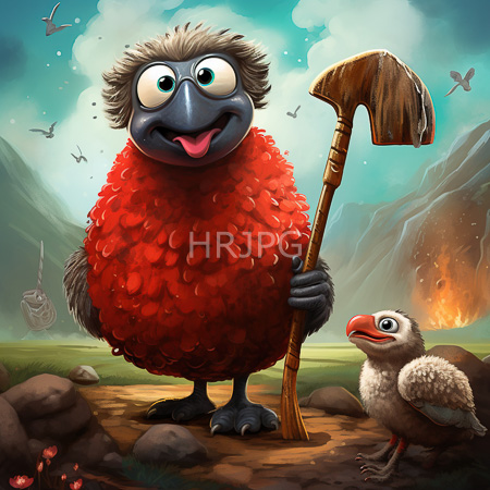 High Resolution: Anthropomorphic fluffy red bird with large eyes and tongue out joyfully holds a wooden pickaxe beside a smaller white-feathered chick in a grassy mountain landscape download. | HRJPG.com