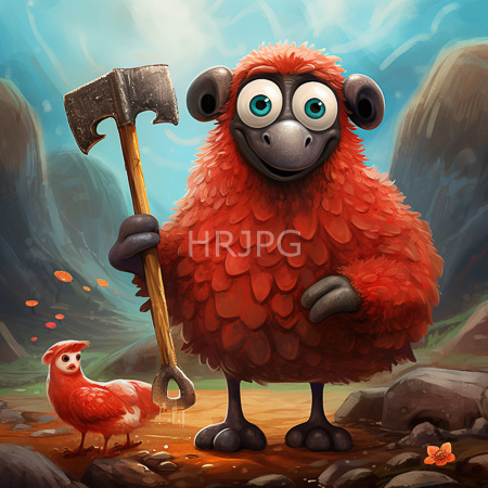 High Resolution: Anthropomorphic fluffy red sheep with large green eyes and black hooves holds a rusty axe standing beside a smaller identical-looking chick on rocky terrain download. | HRJPG.com