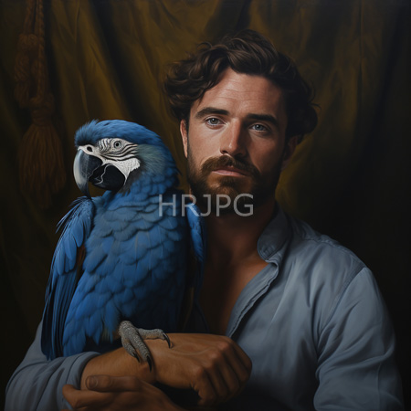 High Resolution: Photorealistic bearded brown-haired man with blue eyes and light stubble holds a vibrant azure macaw on his left arm against a dark green draped background download. | HRJPG.com