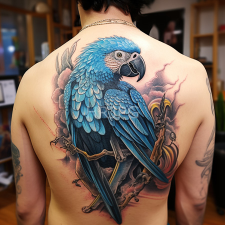 High Resolution: Asian man with short black hair viewed from behind in a tattoo parlor with vibrant blue and gray detailed tattoos on his back depicting a perched macaw bird download. | HRJPG.com