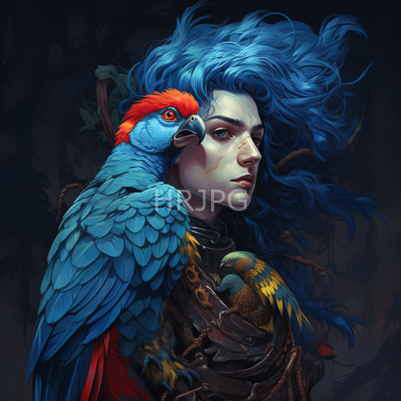 High Resolution: Ethereal woman with flowing blue hair wears intricate armor adorned by colorful parrot feathers with a vibrant red-and-blue macaw perching atop her head download. | HRJPG.com