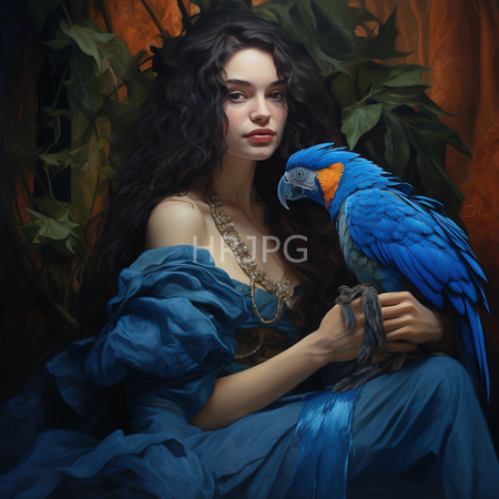 High Resolution: Ethereal woman with long wavy black hair sits against lush green foliage wearing flowing blue fabric draped over one shoulder with a vibrant azure macaw perched nearby download. | HRJPG.com