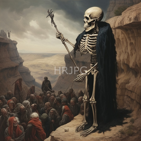 High Resolution: Detailed realistic drawing depicts an anthropomorphic skeleton in a dark fur cloak standing on a rocky cliffside with a cross-topped staff overlooking a crowd of robed figures download. | HRJPG.com