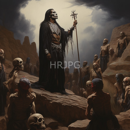High Resolution: Eerie dark landscape with skeletal figures under cloudy skies a central figure adorned in tattered black robes holds a staff-like object resembling antlers download. | HRJPG.com