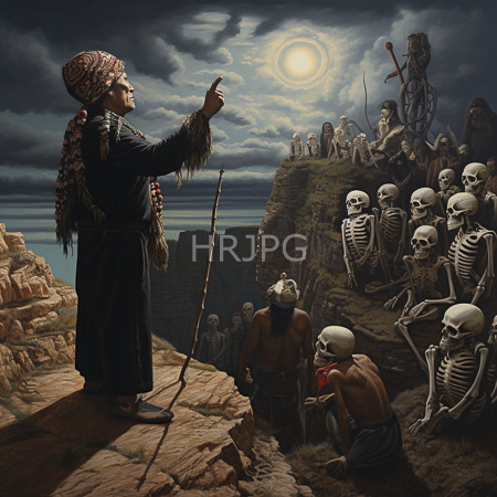 High Resolution: Photorealistic ancient ritual under moonlight on rocky cliffs with skeletal figures seated in rows a central dark-skinned woman points upwards while holding a staff download. | HRJPG.com