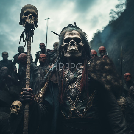 High Resolution: Photorealistic eerie skeletal warrior in dark robes and a fur cape holds a skull-topped staff his face is painted white with black eye sockets resembling a death mask download. | HRJPG.com