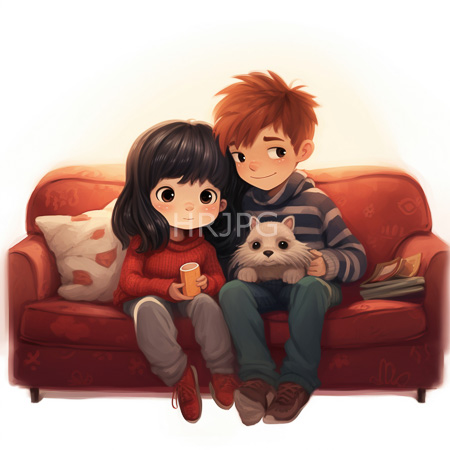 High Resolution: Two children one with black hair and a red sweater holding an orange mug the other with brown spiky hair sitting beside a fluffy white dog on a patterned crimson couch download. | HRJPG.com