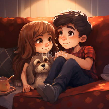 High Resolution: Two children with large expressive eyes sitting on an orange-patterned couch holding a fluffy dog's head and smiling at each other in warm lighting download. | HRJPG.com